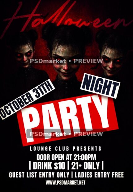 Red and black Halloween party flyer preview with horror portraits, glowing red eyes and bold white event text