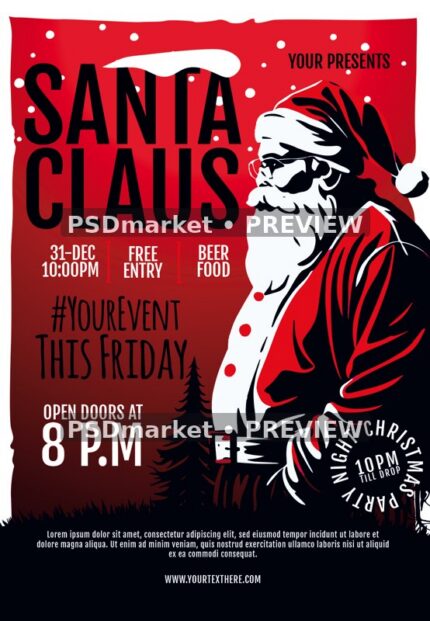 Red Ink Santa Claus Event Flyer PSD Template — reduced watermarked source artwork preview