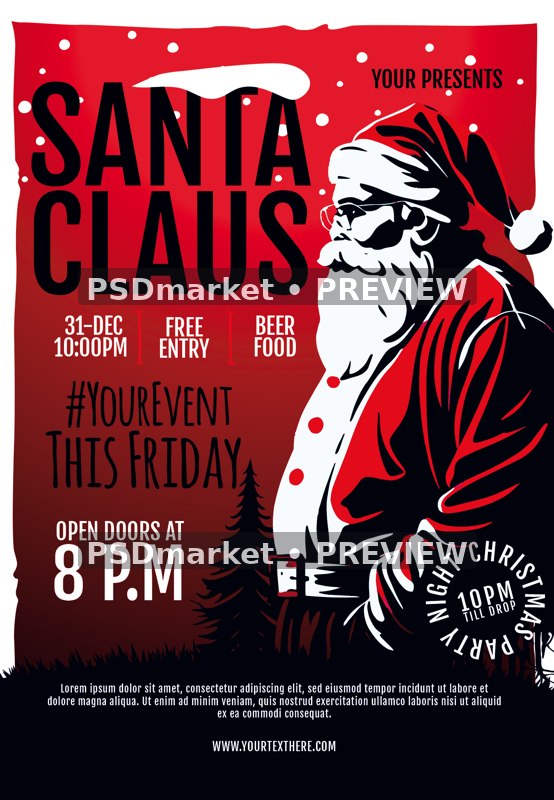 Red Ink Santa Claus Event Flyer PSD Template — reduced watermarked source artwork preview