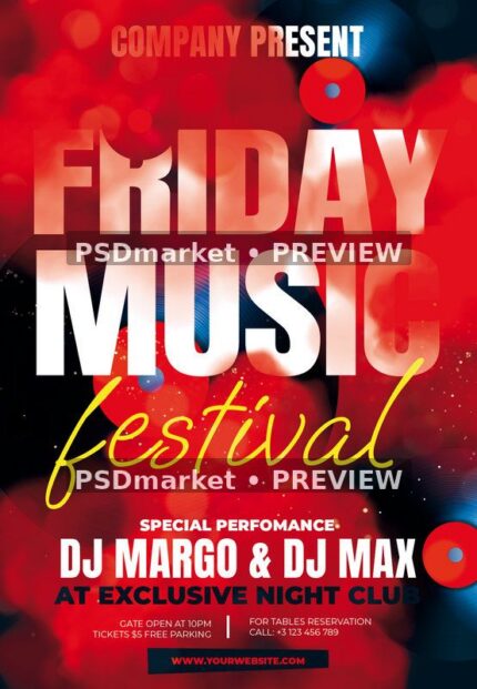 Red Lights Friday Music Festival Flyer PSD Template showing large friday music lettering fills a dramatic red, black, and blue background with blurred light effects with two PSDmarket preview watermarks