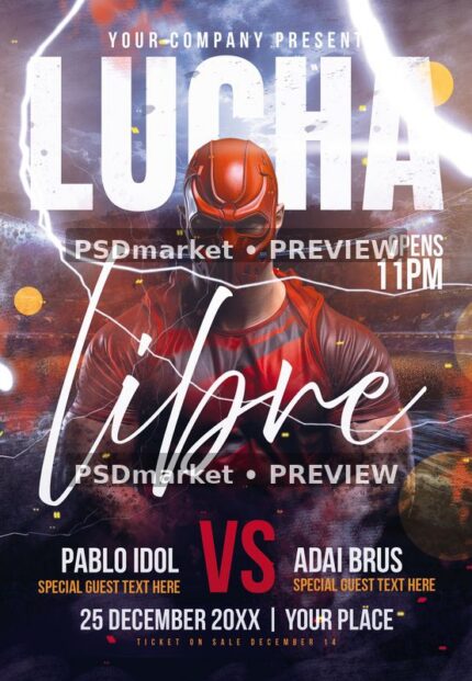 Lucha Libre flyer with red masked wrestler, arena lights, white script and contrasting versus label. Two horizontal PSDmarket preview watermarks.