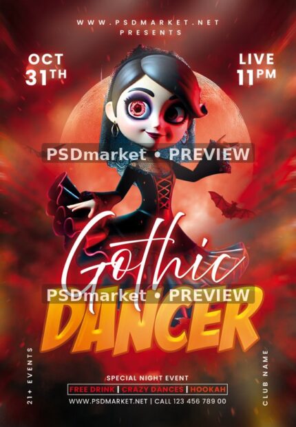 Red Moon Gothic Doll Dancer Halloween Flyer PSD Template — reduced watermarked source artwork preview
