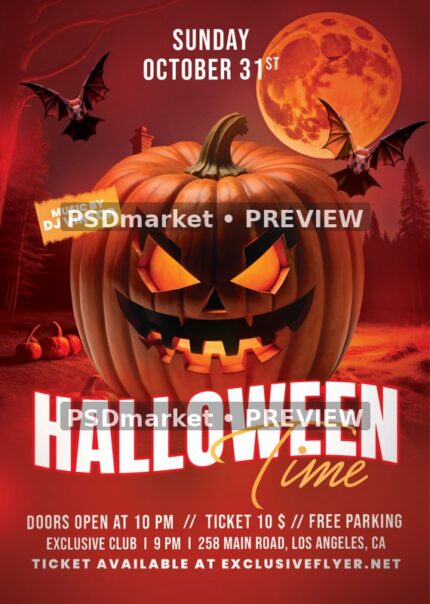 Red Moon Pumpkin Halloween Time Flyer PSD Template — reduced watermarked source artwork preview