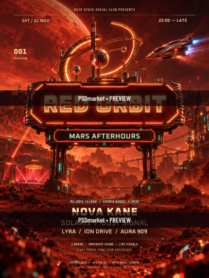 Red Orbit Mars Afterhours sci-fi club flyer with copper neon headline, orbital disco balls and a red Martian landscape; two PSDmarket preview watermark bands.