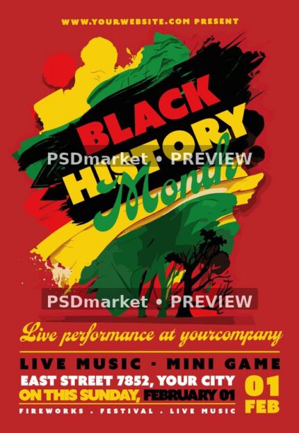 Red Paint Brush Black History Month Flyer PSD Template — PSD template preview