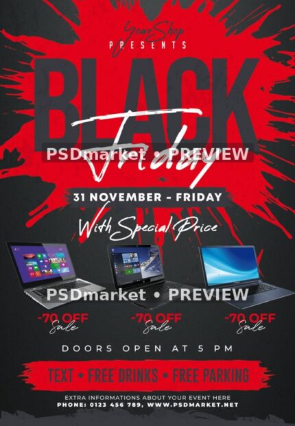 Red Paint Splash Laptop Black Friday Flyer PSD Template — reduced watermarked source artwork preview