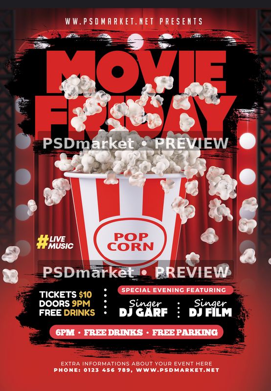 Red Popcorn Movie Friday Flyer PSD Template — PSD template preview