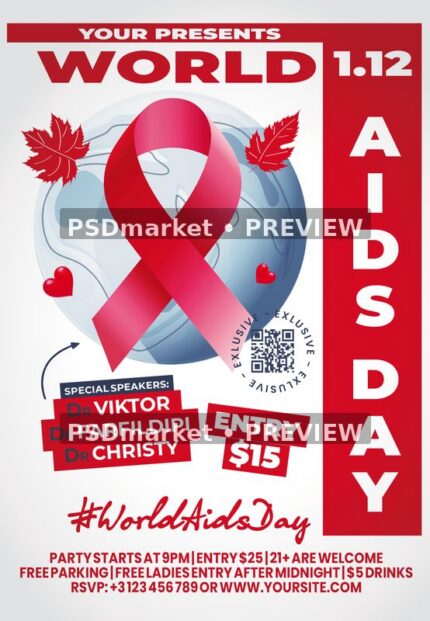 White and red World AIDS Day flyer with large red ribbon over globe, speaker fields and vertical title