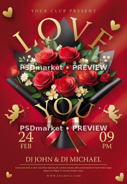Romantic red flyer with rose bouquet in black wrap, gold Love You lettering, hearts and cupid silhouettes