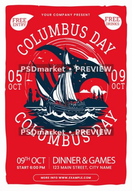 Red Sailboat Columbus Day Dinner Flyer PSD Template — PSD template preview