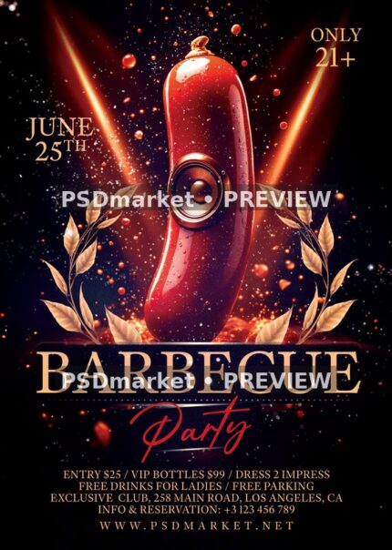 Red Sausage Speaker Barbecue Party Flyer PSD Template — PSD template preview