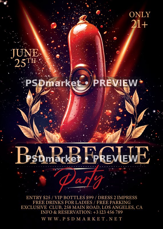 Red Sausage Speaker Barbecue Party Flyer PSD Template — PSD template preview