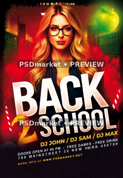 Red School Hallway Portrait Party Flyer PSD Template — PSD template preview