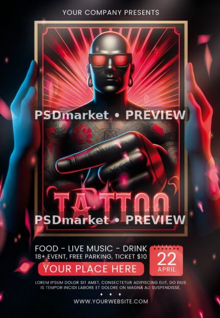 Red Shutter Glasses Tattoo Event Flyer PSD Template — PSD template preview