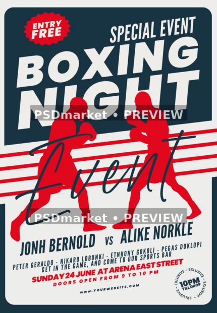 Navy and cream Boxing Night flyer with red boxer silhouettes, diagonal ropes and two preview watermarks