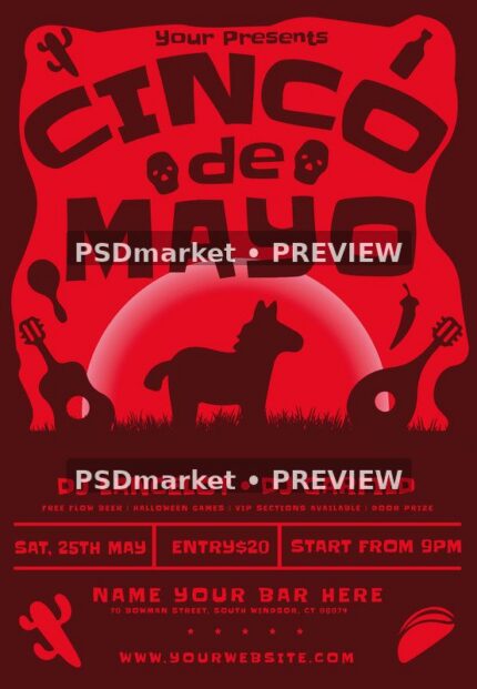 Red Silhouette Cinco de Mayo Event Flyer PSD Template — PSD template preview