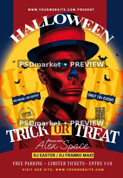 Red Skull Top Hat Trick or Treat Halloween Flyer PSD Template — reduced watermarked source artwork preview