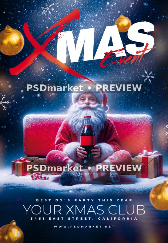 Red Sofa Santa Xmas Event Flyer PSD Template — PSD template preview