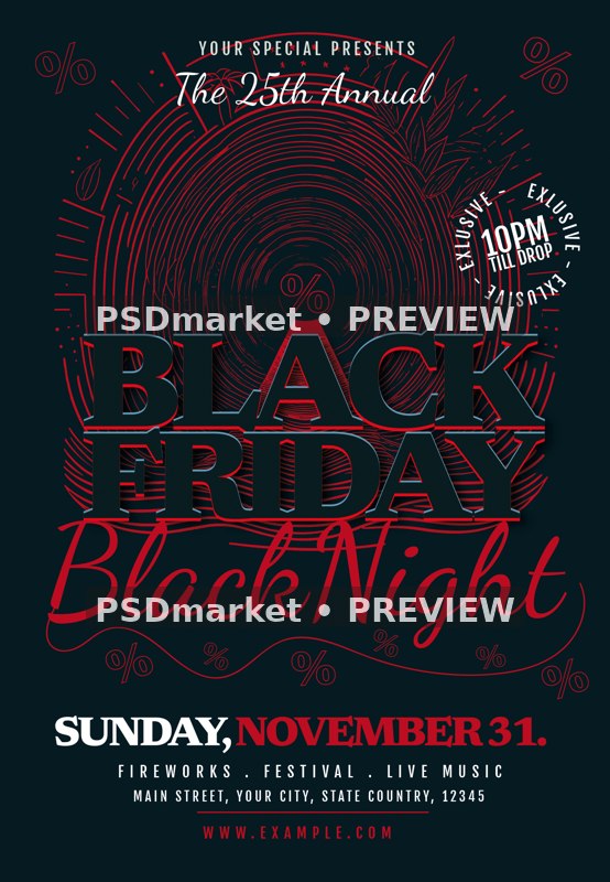 Red Spiral Black Friday Night Flyer PSD Template — PSD template preview
