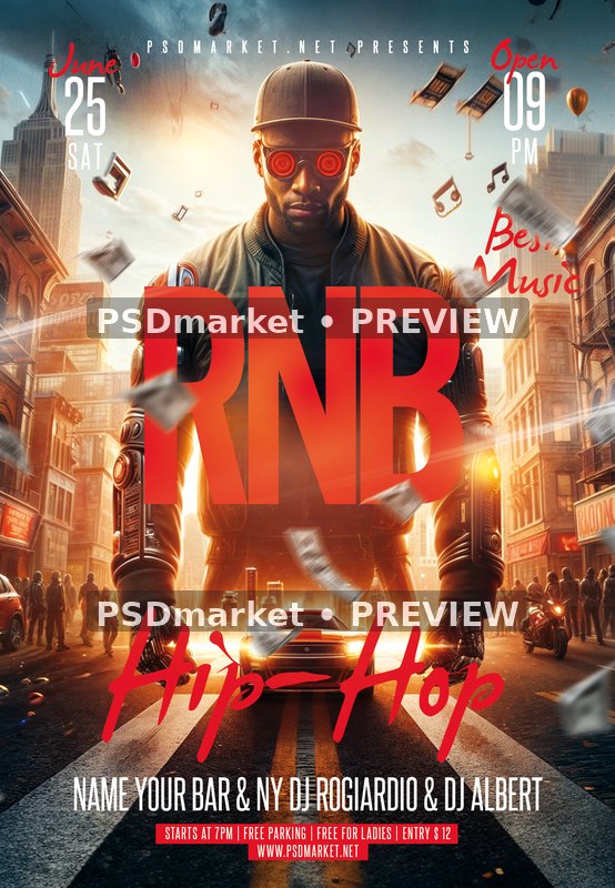 Red Spiral Glasses City RNB Hip Hop Flyer PSD Template — PSD template preview