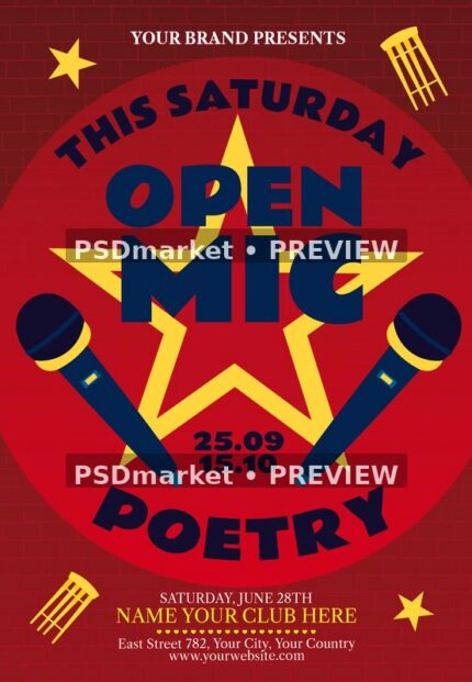 Red Star Open Mic Poetry Flyer PSD Template — PSD template preview
