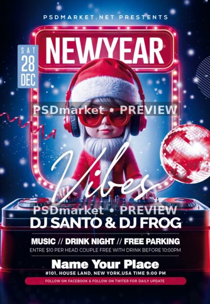 Red Sunglasses Santa DJ New Year Flyer PSD Template — reduced watermarked source artwork preview