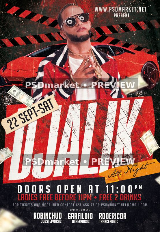 Red Supercar DJ Party Portrait Flyer PSD Template — PSD template preview