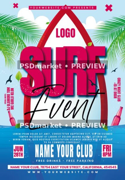 Blue tropical surf-event flyer with a red and white surfboard and two horizontal PSDmarket preview watermarks