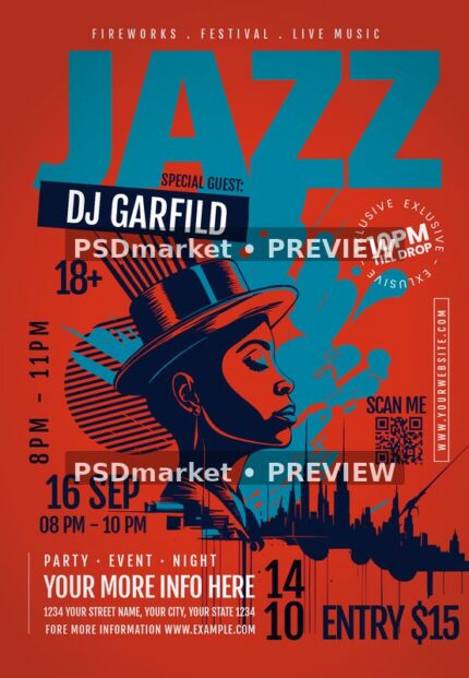 Red and teal jazz flyer with hat-wearing illustrated profile and city skyline, displayed with two horizontal preview watermarks
