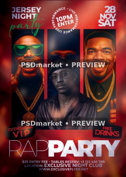 Red and black rap party flyer with three portrait panels, gold jewelry, green sunglasses and large white headline