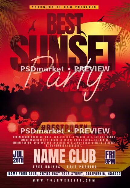 Red Tropical Sunset Party Flyer PSD Template — PSD template preview