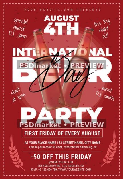 Red Twin Bottles International Beer Day Flyer PSD Template — PSD template preview