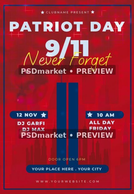 Red Patriot Day flyer with navy twin-tower silhouettes, Never Forget script and two horizontal preview watermarks