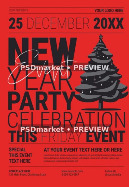 Red Typography New Year Party Flyer PSD Template — reduced watermarked source artwork preview
