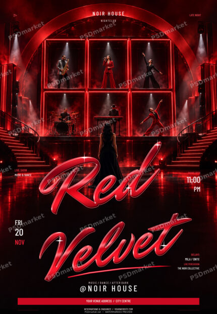 Red Velvet nightclub flyer with glossy red lettering, red-lit stage and PSDmarket preview watermark