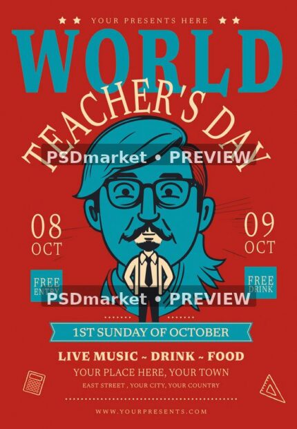 Red Teachers Day flyer with teal illustrated teacher portrait, oversized typography and cream event details
