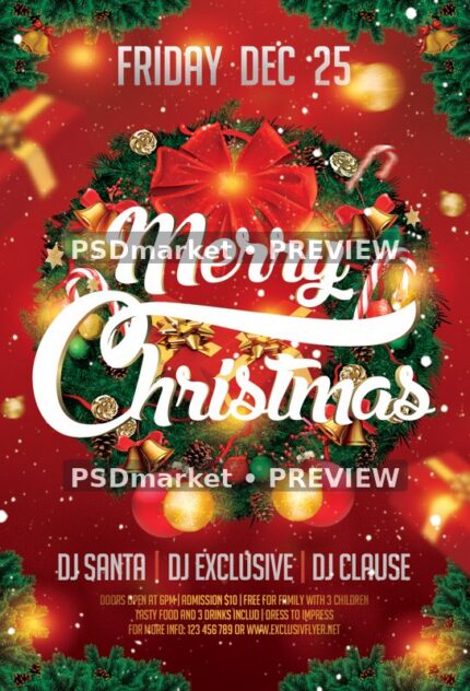Red Wreath Bow Christmas Flyer and Social PSD Template — reduced watermarked source artwork preview