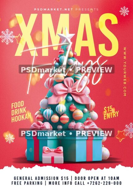Red Xmas Fridays Ornament Tree Flyer PSD Template — reduced watermarked source artwork preview