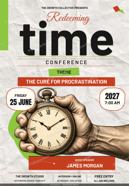 Conference flyer with bold time headline, flowing Redeeming script, textured paper and hand holding a pocket watch; watermarked preview