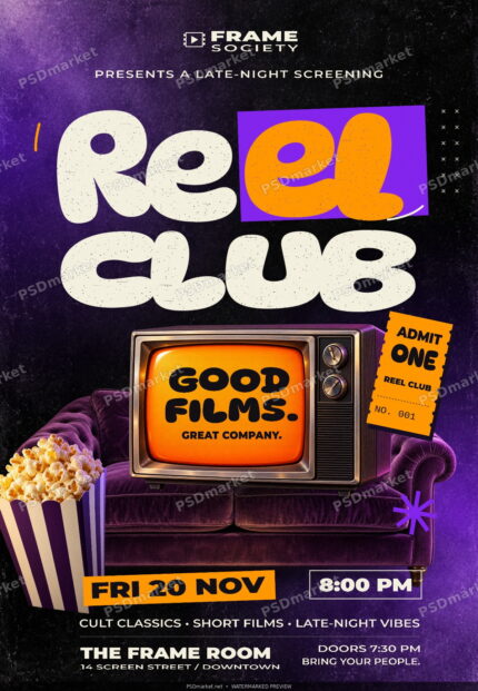 Reel Club retro cinema flyer with orange and ivory lettering, vintage television, purple sofa, popcorn and admission ticket; protected PSDmarket preview