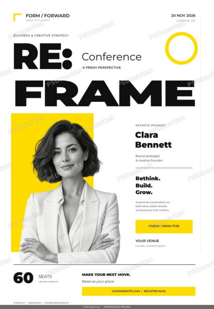 RE:FRAME business conference flyer with bold black typography, yellow accents and monochrome speaker portrait; watermarked PSDmarket preview