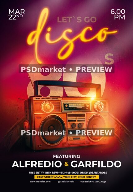 Retro Boombox Disco 80s Flyer — reduced watermarked preview of the supplied artwork