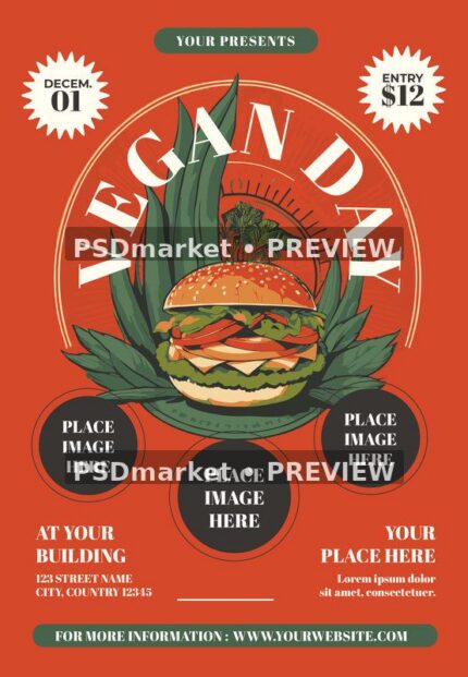 Retro Burger Vegan Day Event Flyer PSD Template — PSD template preview