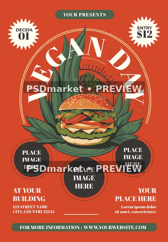 Retro Burger Vegan Day Event Flyer PSD Template — PSD template preview