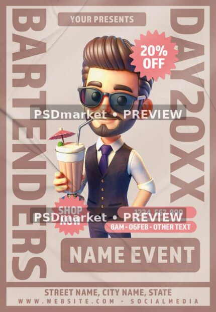 Cream and rose bartender day flyer with cartoon bearded bartender, sunglasses, cocktail and vertical title