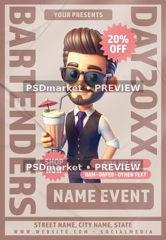 Retro Cartoon Bartender Day Flyer PSD Template — PSD template preview