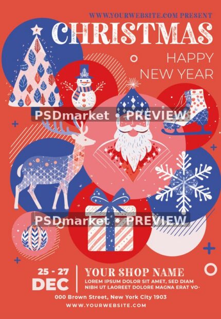 Retro Christmas Icon Collage Flyer PSD Template — reduced watermarked source artwork preview