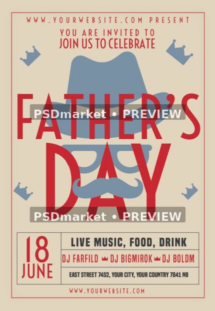 Cream retro Fathers Day flyer with hat, glasses and mustache motif, with two horizontal PSDmarket preview watermarks