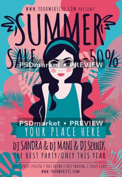 Retro Illustrated Woman Summer Sale Flyer PSD Template showing a stylized dark-haired woman in a teal outfit stands against a pink and turquoise background filled with tropical leaves with two PSDmarket preview watermarks