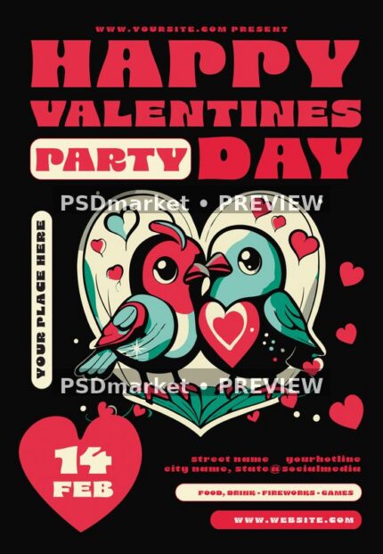 Black Valentines party flyer with red and turquoise lovebirds, cream heart frame and red date badge